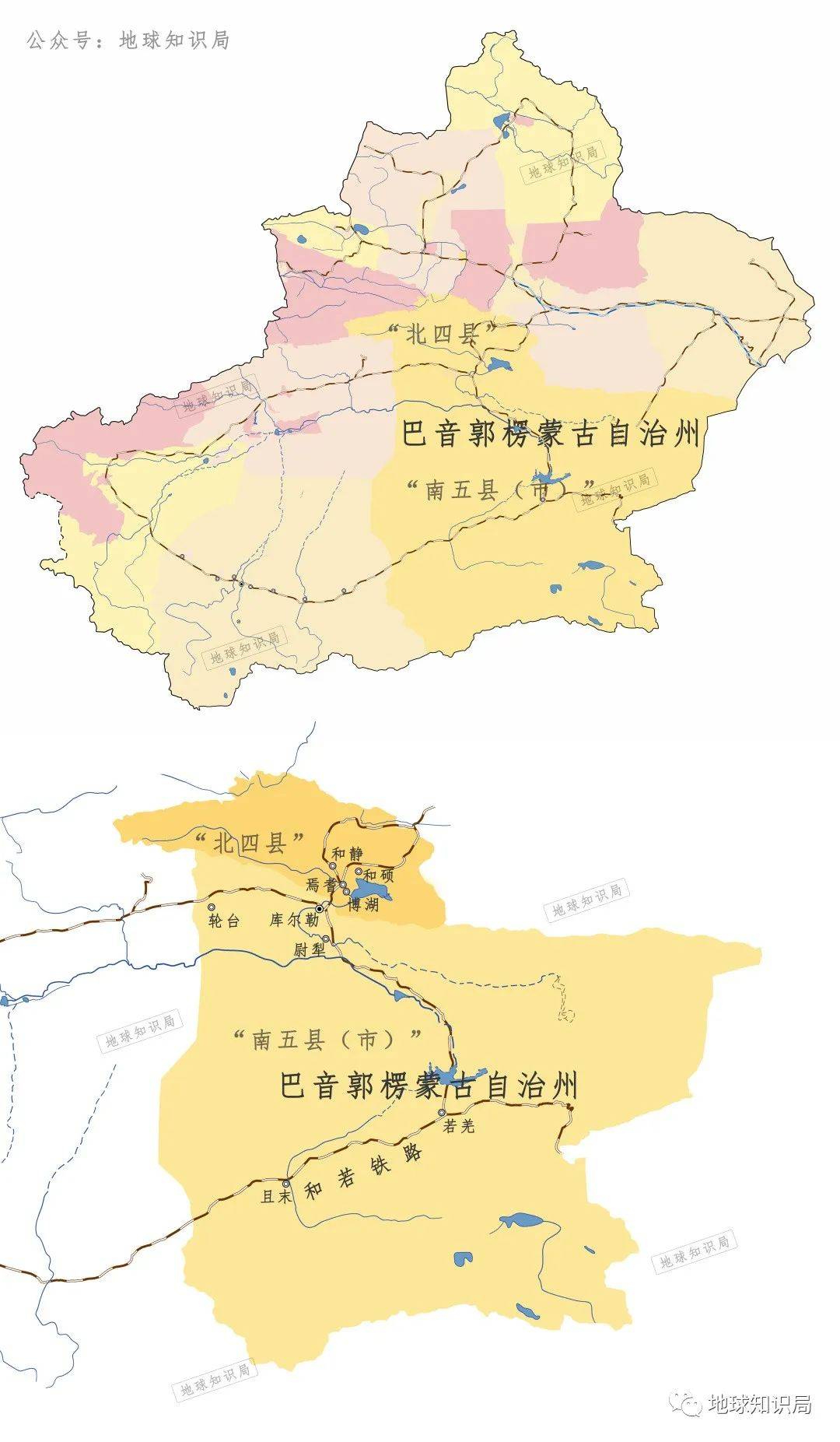 大致處於塔里木盆地,包括州府庫爾勒市在內的輪臺,尉犁,若羌,且末4縣