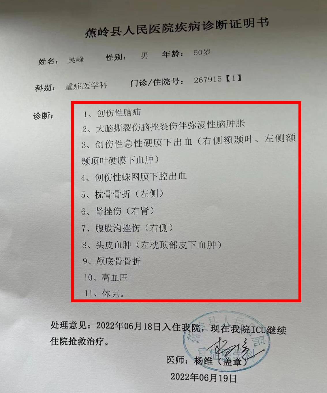 50岁顶梁柱丈夫吴峰突遭严重车祸开颅手术后进icu至今昏迷救救他吧