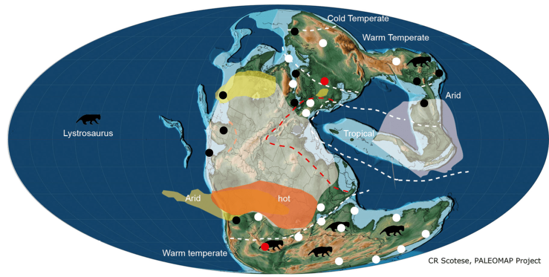 早三疊世四足動物分佈圖,及空白區可能的範圍結合地球的多次升溫事件