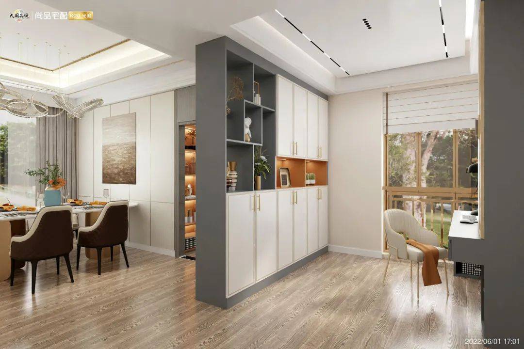 入户后就是餐厅的户型,可以选择鞋柜 餐边柜的一体设计,鞋柜最底部