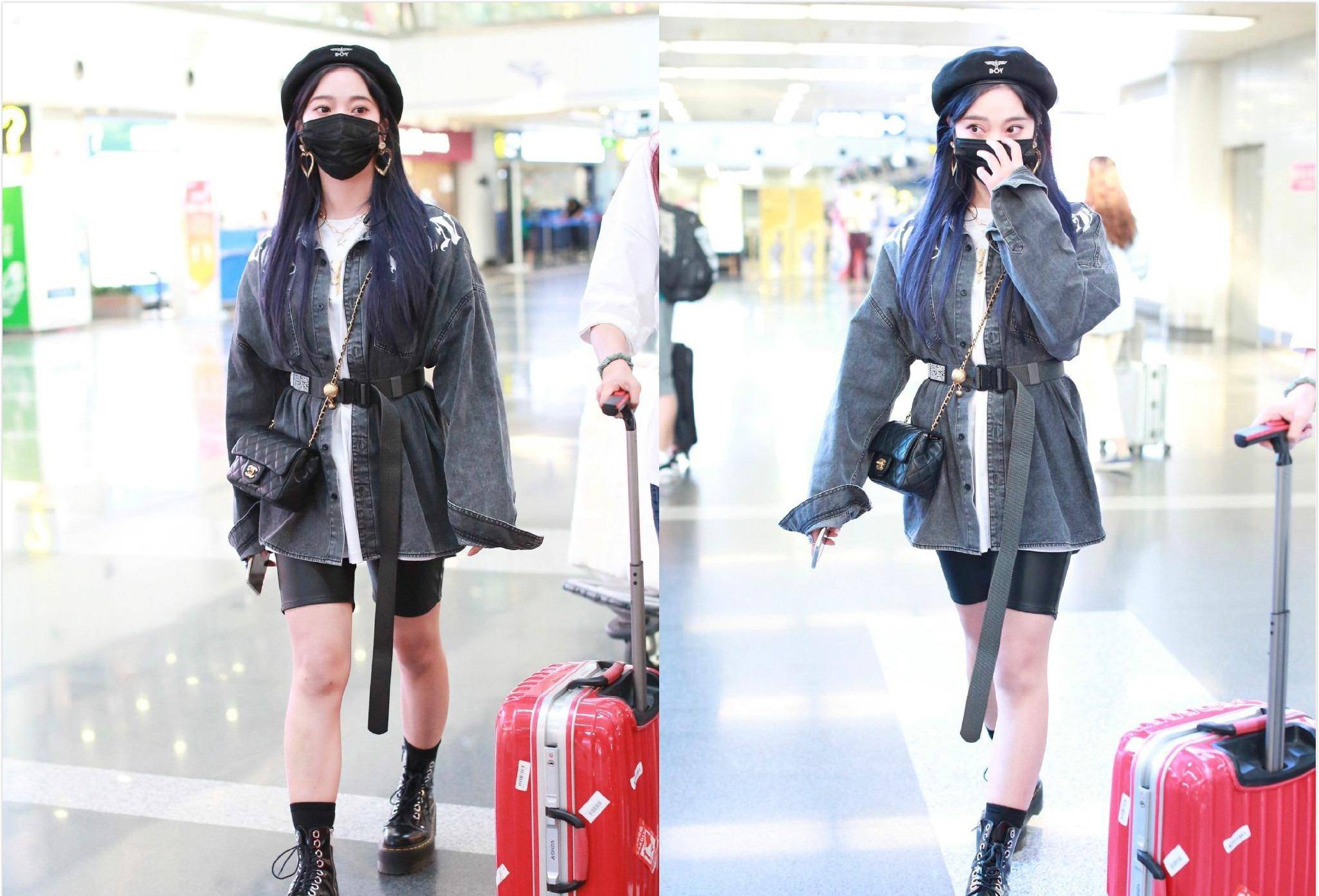 原创张紫宁高调现身穿黑色骑行裤配马丁靴香肠腿成功抢镜