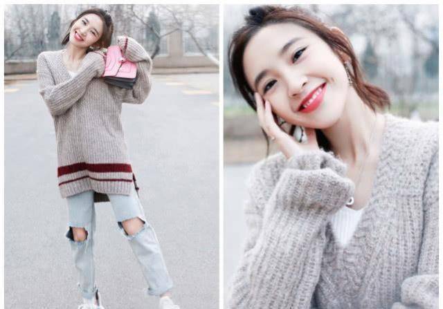 唐艺昕的私服来了,穿翻领针织衫配条纹裙,少女本人没错了!