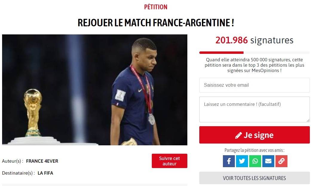输不起!20万法国人请愿重踢世界杯决赛,指责阿根廷2个进球不存在