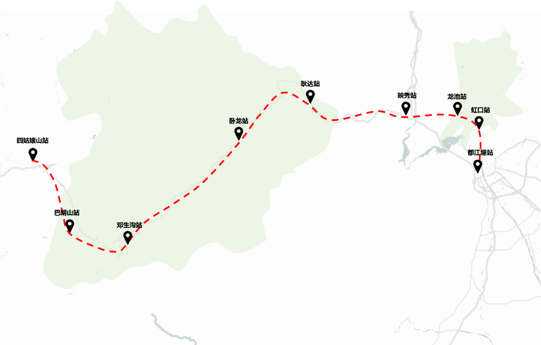 53km,起於成灌高鐵都江堰站附近,途徑虹口,龍池,映秀,耿達,臥龍,止於