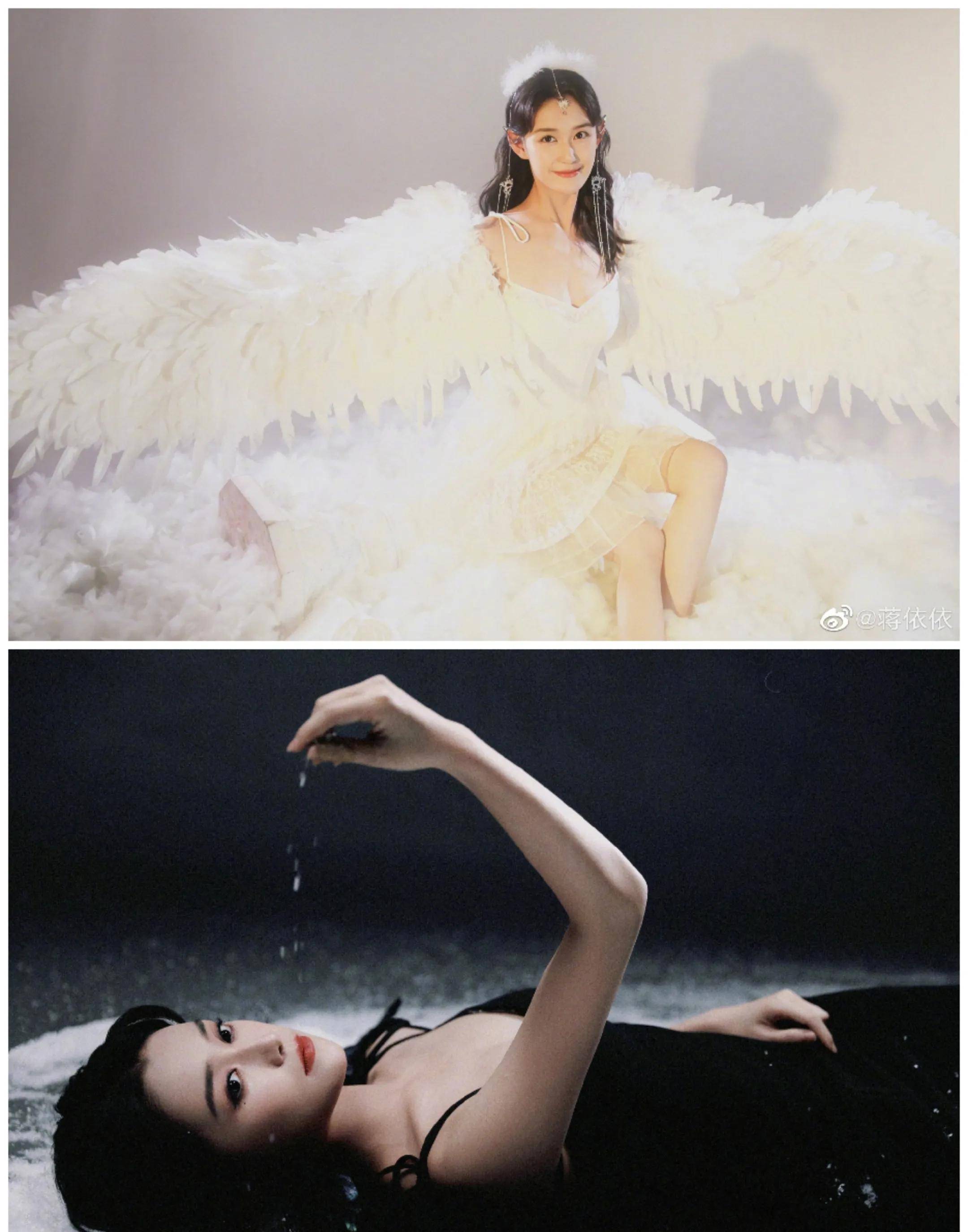 蒋依依22岁生日照 穿吊带羽毛白裙梦幻唯美纯欲风拉满 黑裙成熟妩媚