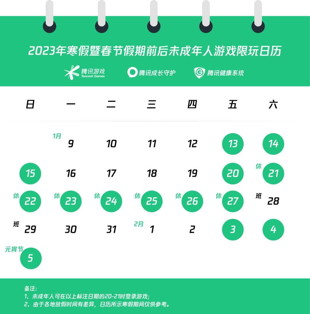 腾讯游戏寒假限玩通知 ：未成年人寒假游戏时间共计14小时