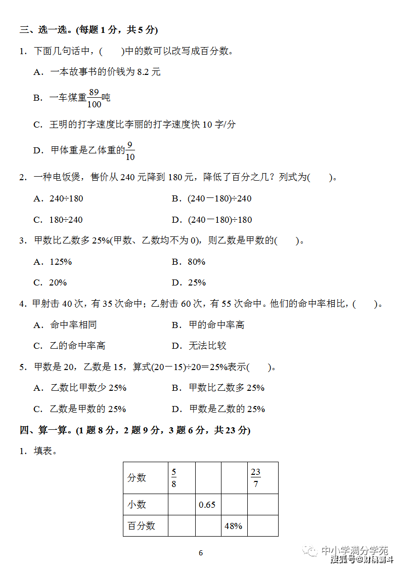 六年级数学上册：第六单位检测卷4套+谜底