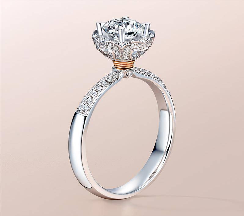 钻戒的设计,缠绕着戒托的玫瑰金线条尊贵优雅,也寓意绑定爱人一生一世