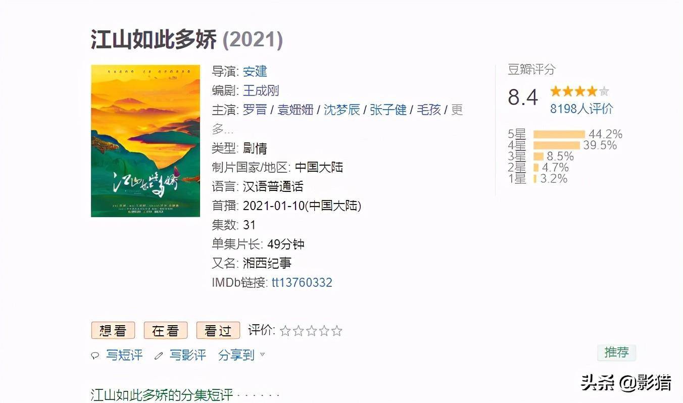 《江山如此多娇》截止到目前,豆瓣评分更是高达8.4分.