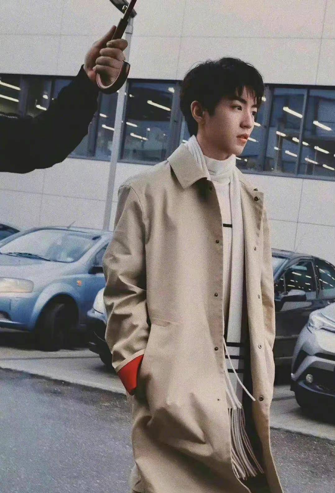 王俊凯穿着驼色风衣,搭配白色围巾和浅色内搭,更加显得他眉目如画,好