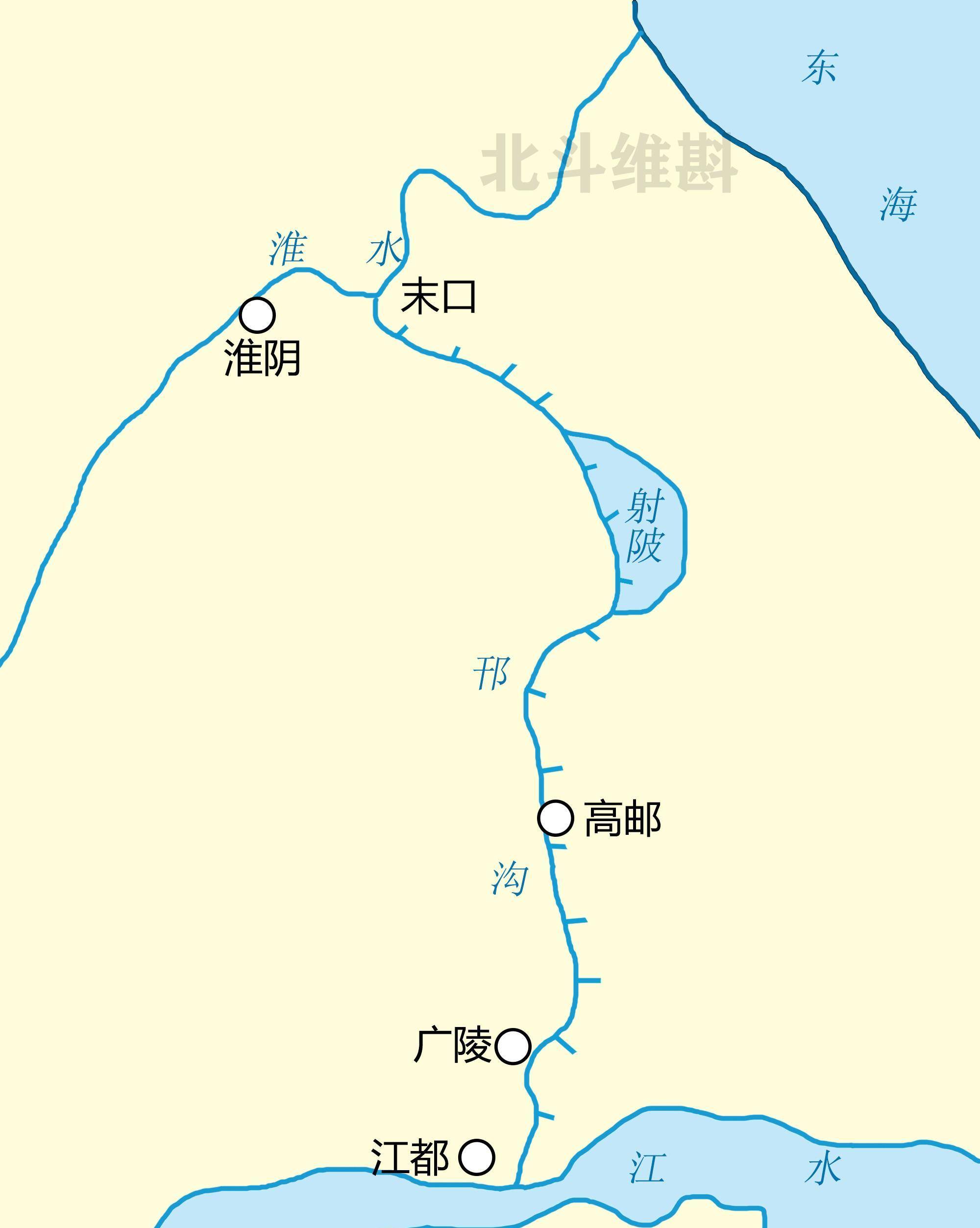 邗沟从邗城一路北上,经过了当时苏中一带最大的湖泊——射阳湖,最后再