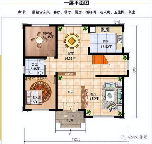 一层户型:客厅,餐厅,厨房,卧室×2,卫生间,洗衣区;一层平面布局图