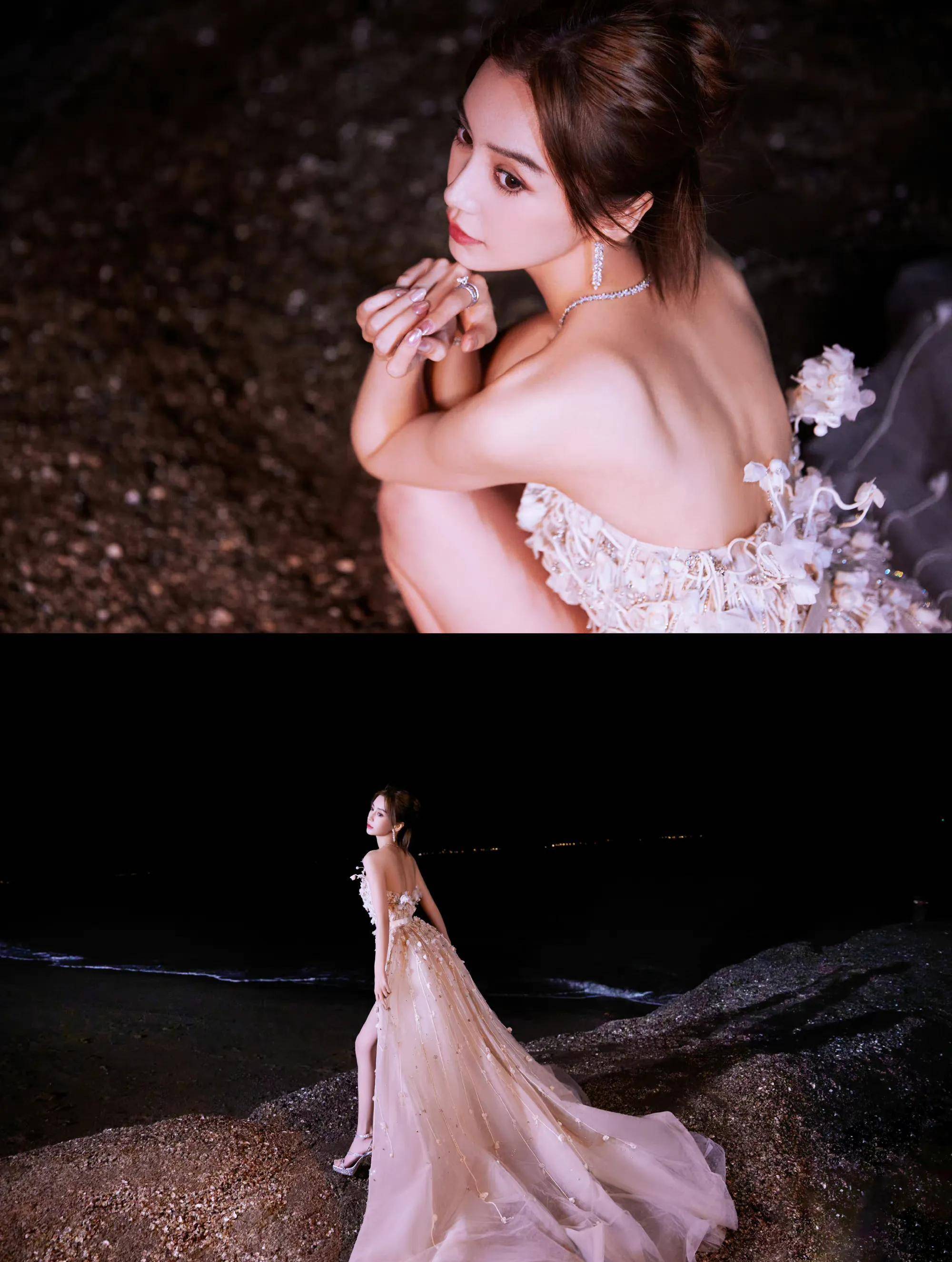 angelababy烟火流光夜海大片 一袭薄纱抹胸裙勾勒曼妙身姿 梦幻唯美