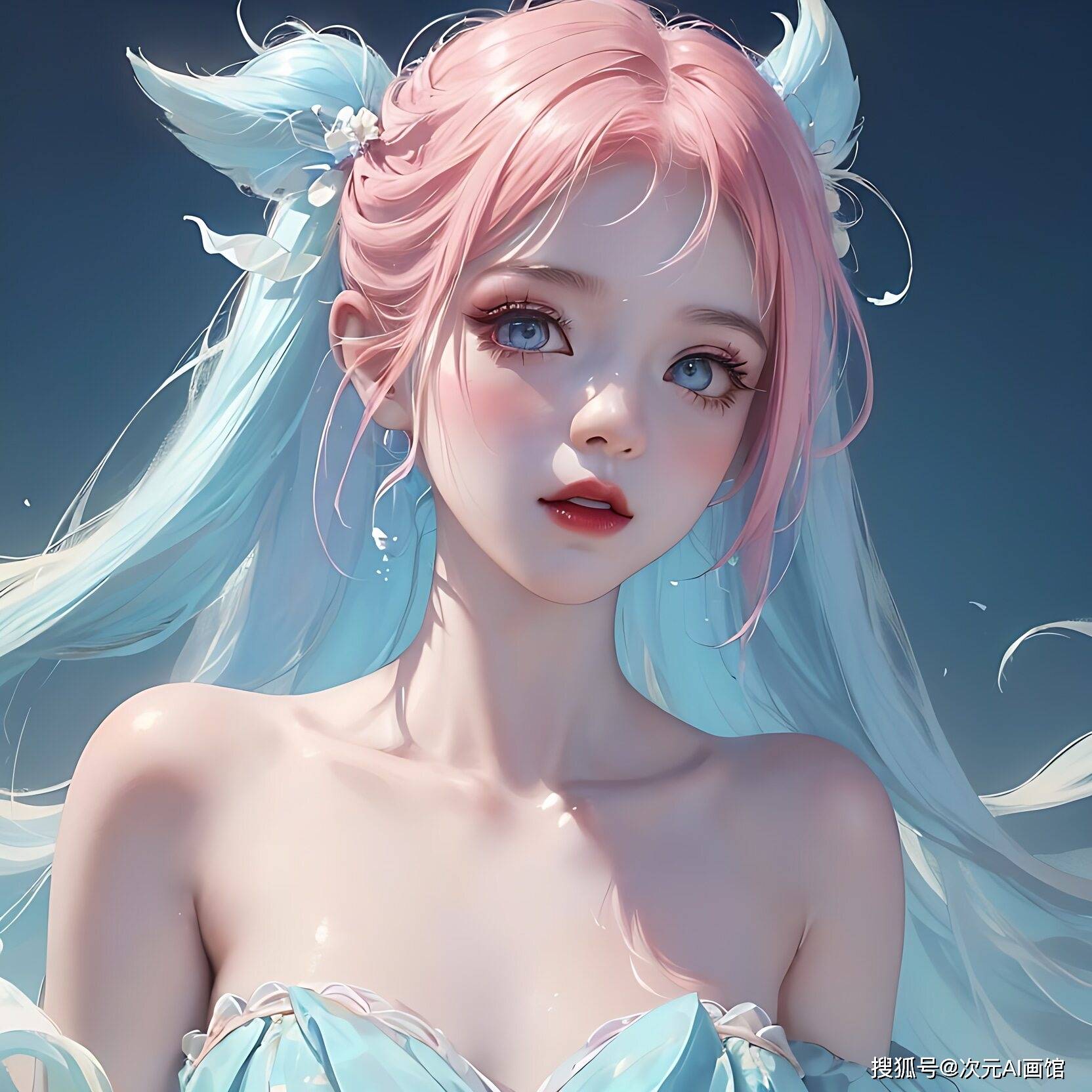 5),比例:1:1英文:the white-haired woman wears a gorgeous blue