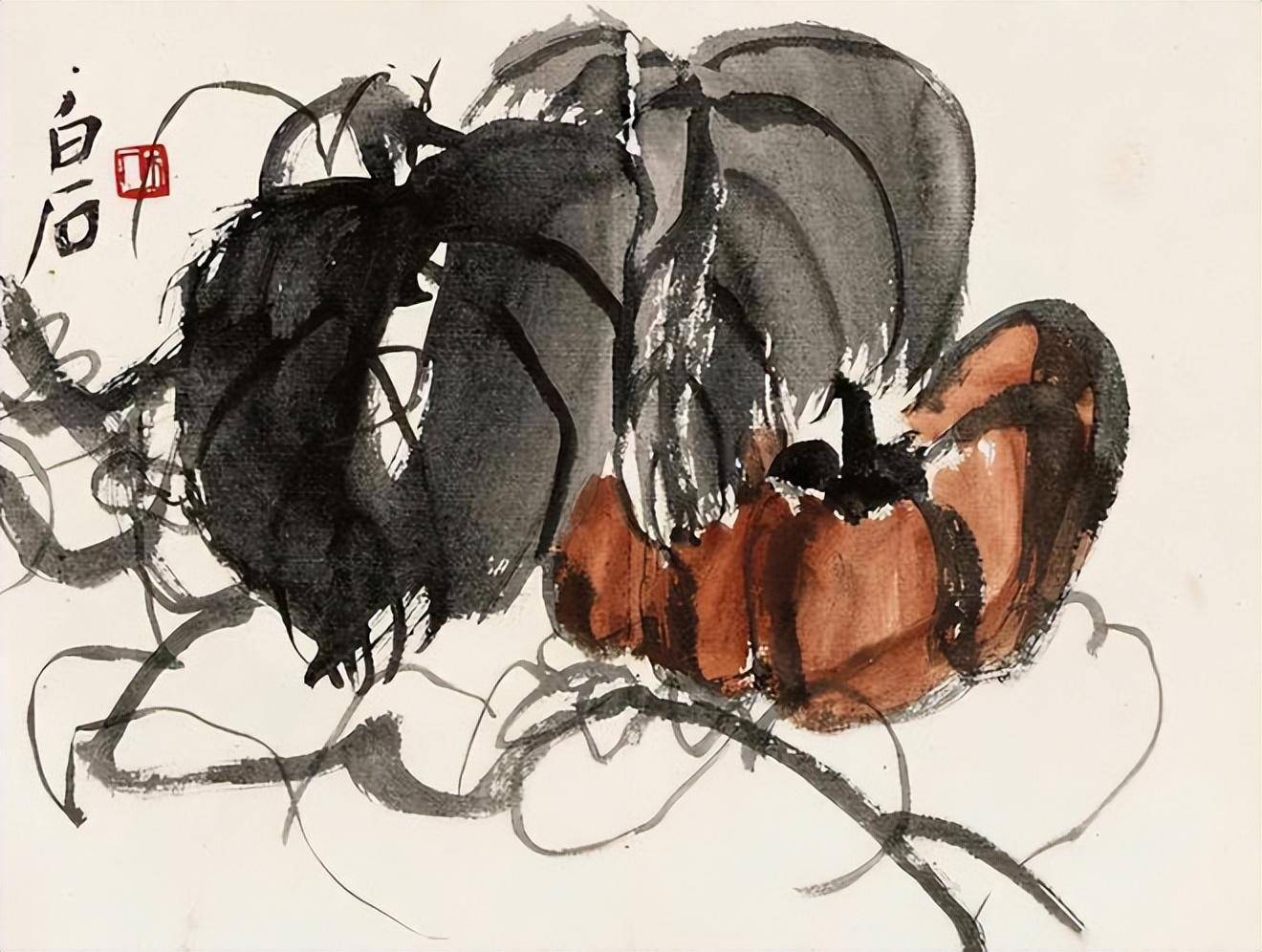 画院展览(齐白石版权拥有者)·少白公子汤发周供图《南瓜》一开瓜藤