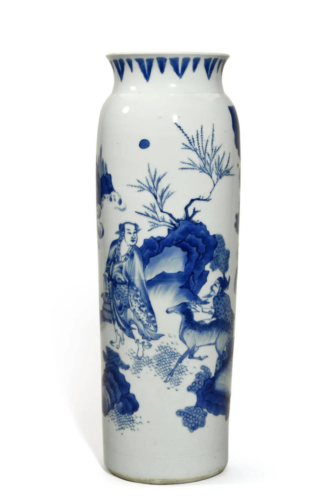 5cm左右滑动查看更多细图明崇祯 青花韩湘子拜师吕洞宾故事图笔筒d