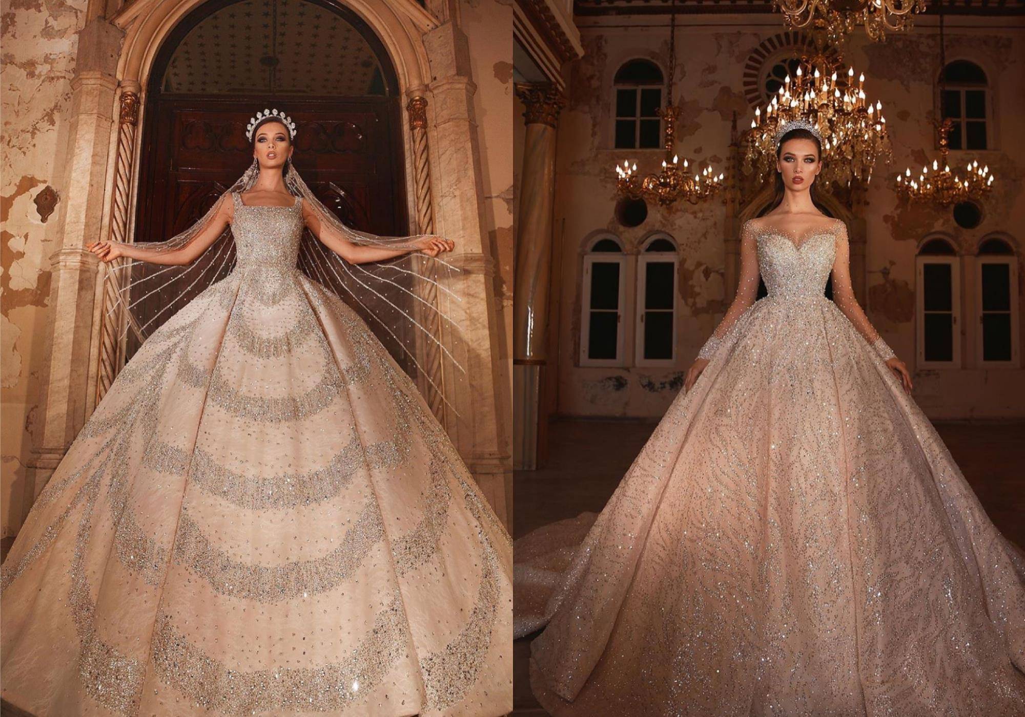 雪夜中华贵无比的高定婚纱礼服:金色星空交织裙摆,城堡中的公主_设计