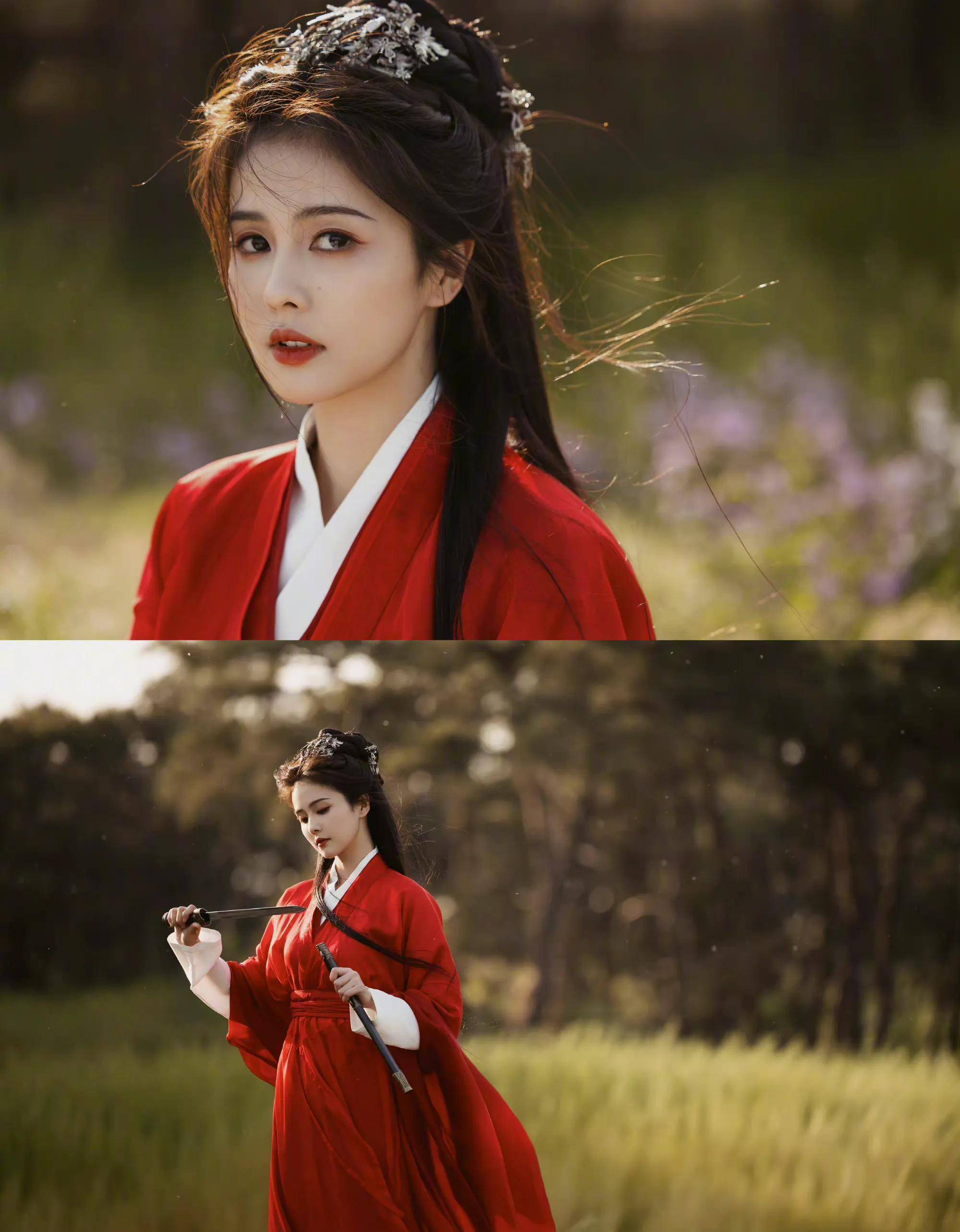 白鹿,哈妮克孜两大女星红衣女侠造型写真,同是红衣,谁更好看?