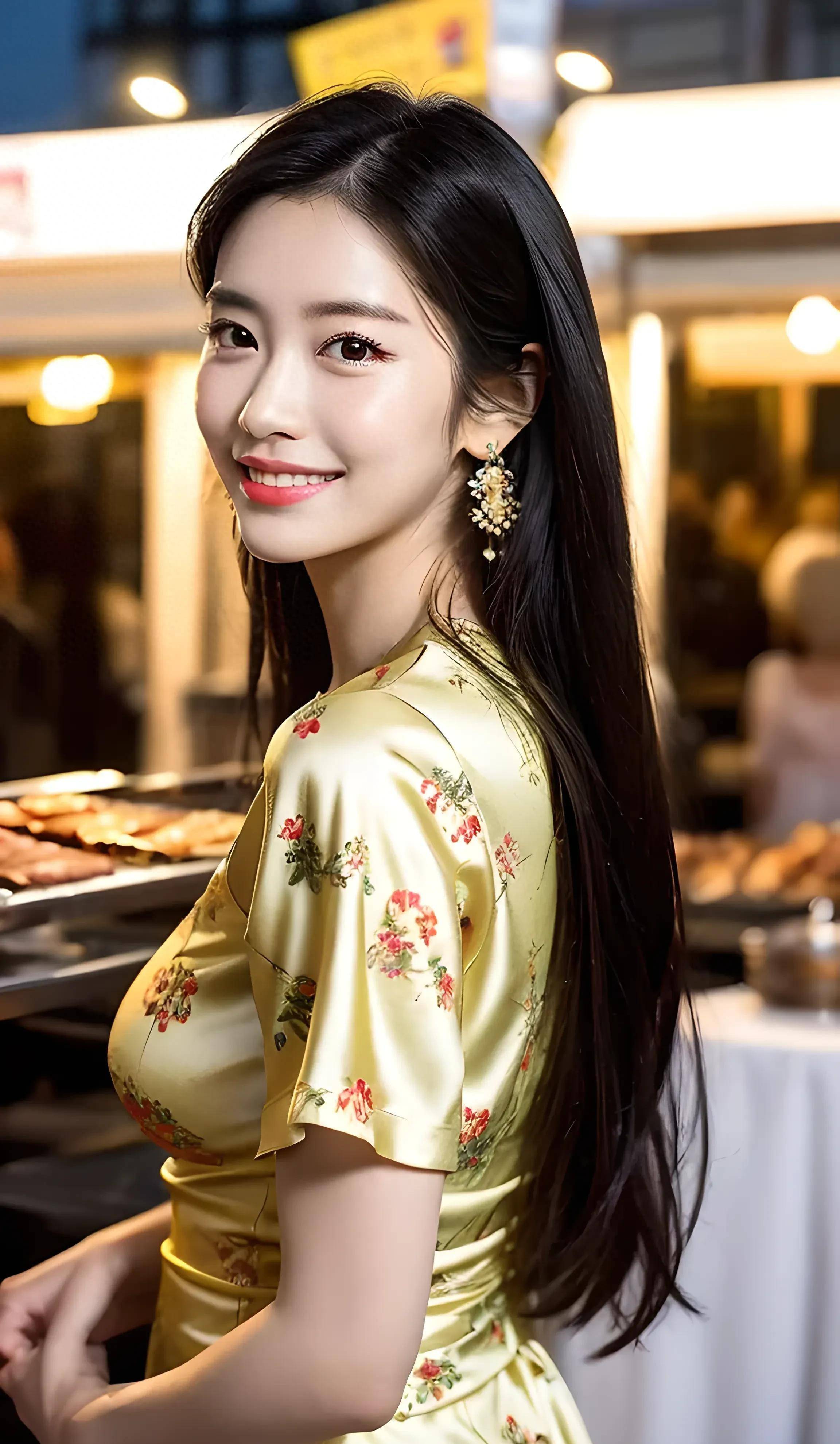 ai画画夜市展现美女魅力,花裙引爆街头夜市_笑容_时尚_裙子