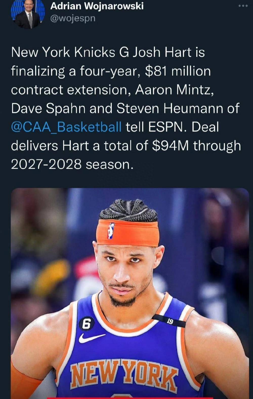 约什哈特与尼克斯四年8100万续约,"学友哈"终于拿到nba大合同_比赛