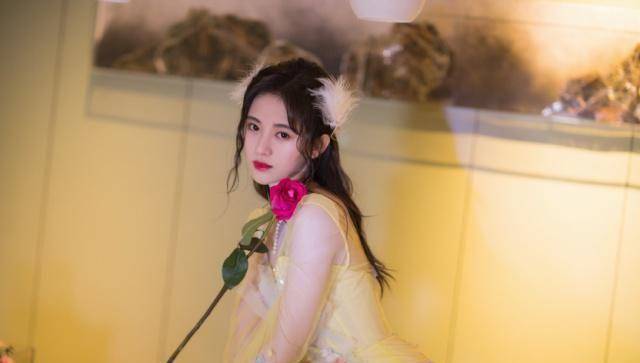 25岁鞠婧祎出席活动,身穿淡黄色薄纱裙,手拿玫瑰如花般璀璨绽放_宝贝