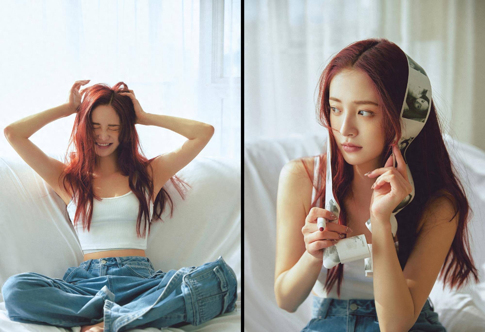 周洁琼清新的贴身衣服,牛仔吊带,休闲舒适_姐姐_音乐_白色