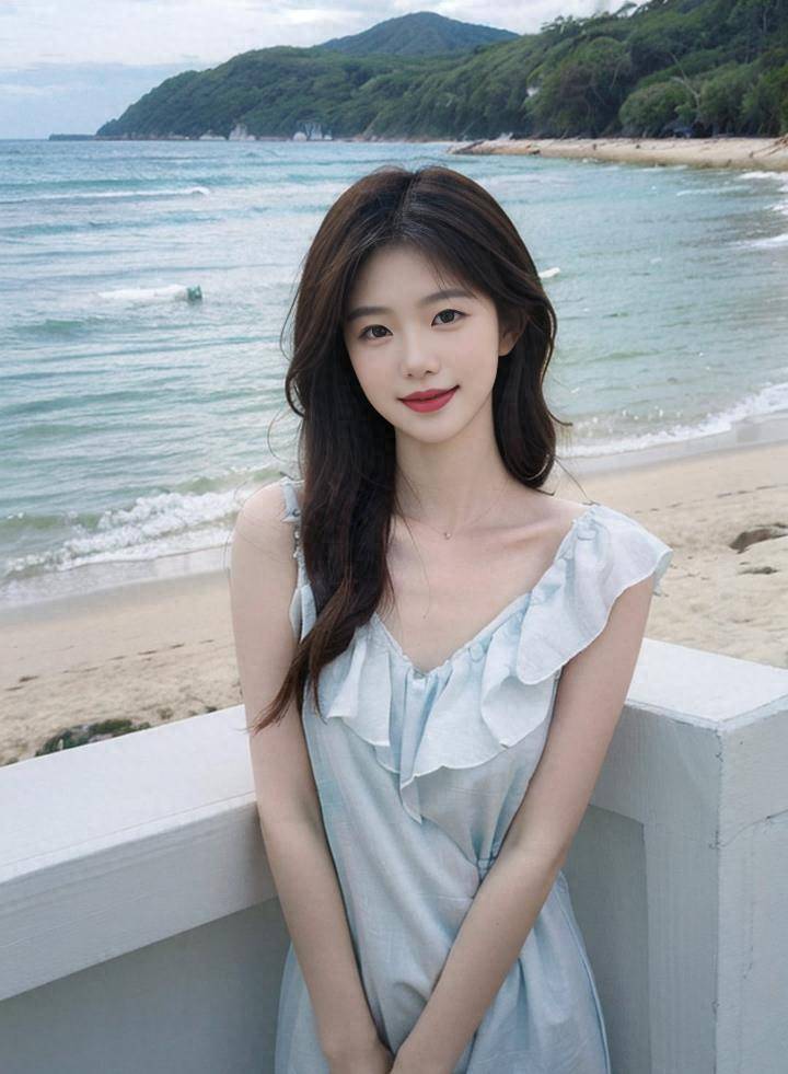 高清美女壁纸,海滩上的清纯小姐姐给你带来印花吊带裙的美_连衣裙