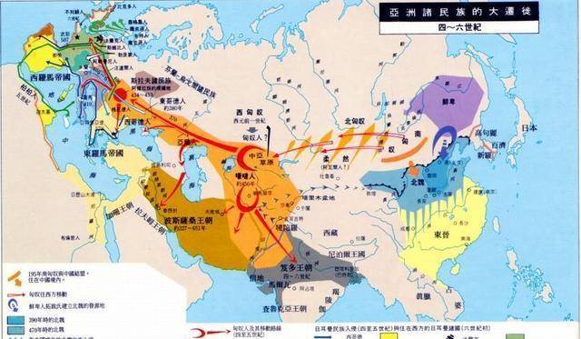 第四幅地图是魏晋时期,题目为《亚洲游牧民族的大迁徙》,主要表现匈奴