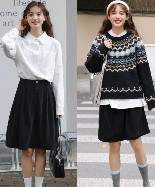 想要时尚又女性化的造型,可以尝试棕色毛衣搭配棕色百褶裙.