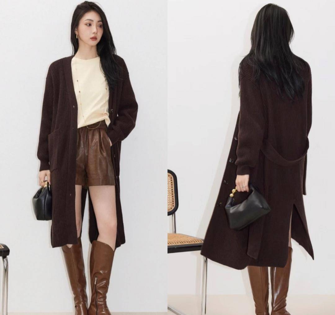 look3 棕色长毛衣开衫/米色打底 短裤简约大方的咖啡色开衫毛衣,上身