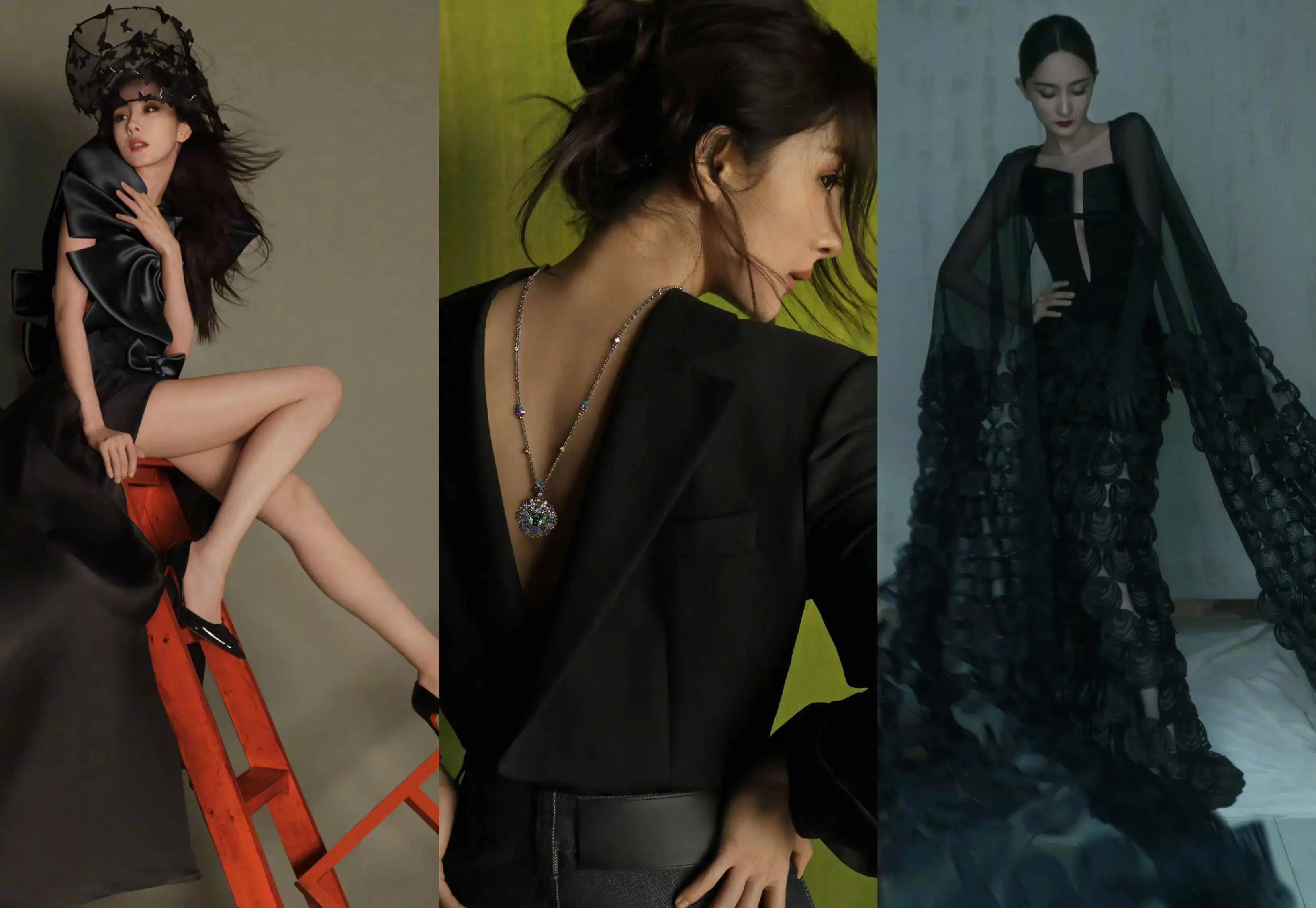 杨幂登上十一月号封面《嘉人》,四套高定秀肩美腿,很高大_黑色_时尚