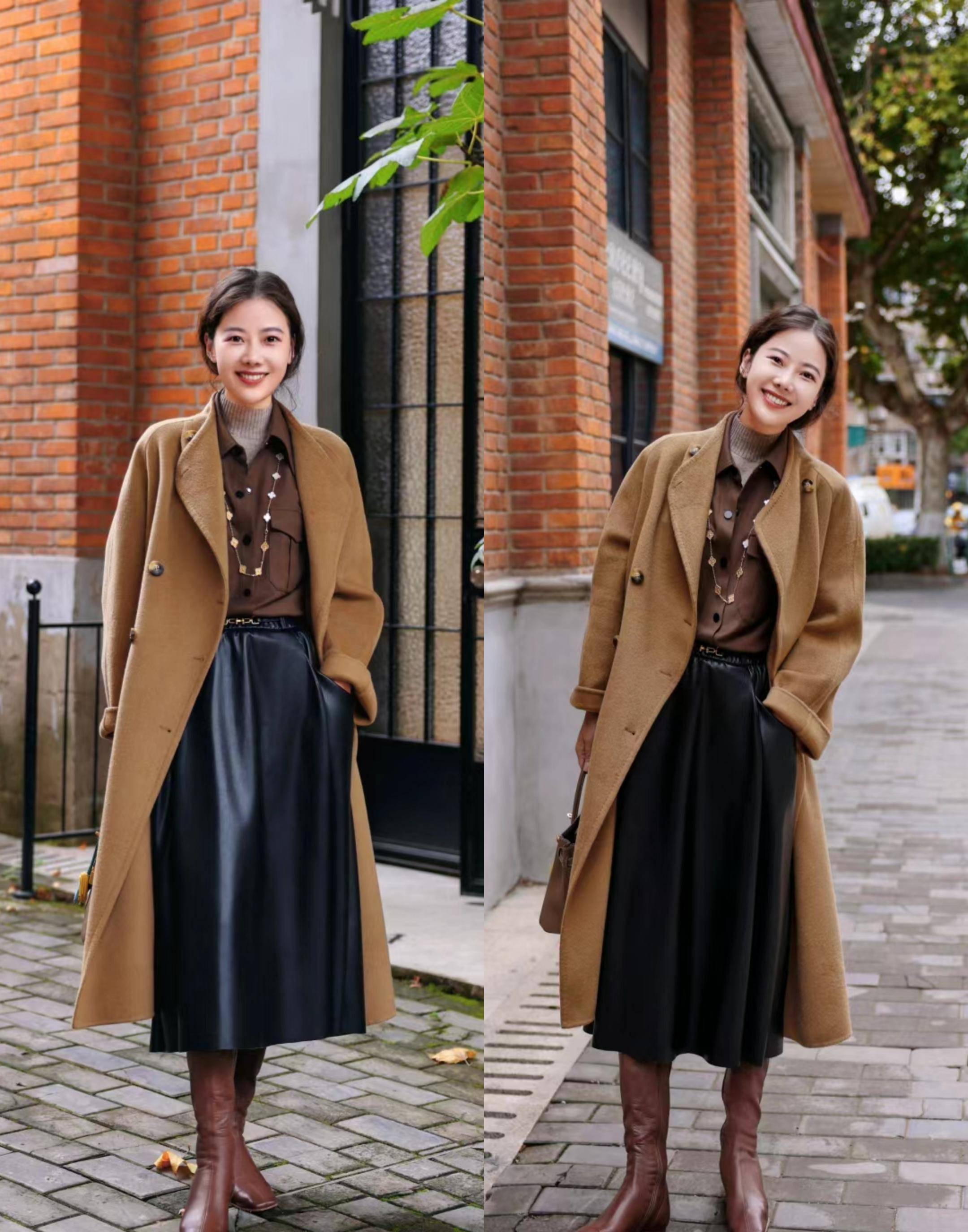 棕色外套不要随意混搭!穿上黑裤黑鞋,轻松变身成熟都市丽人