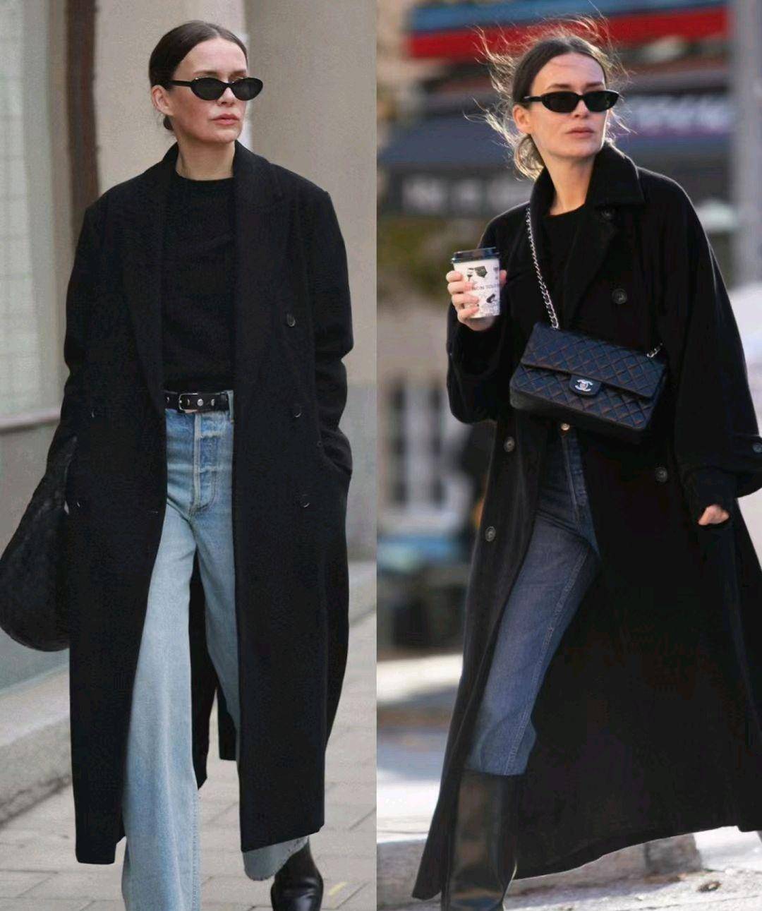 灰色毛衣搭配黑色阔腿裤,简约又优雅.