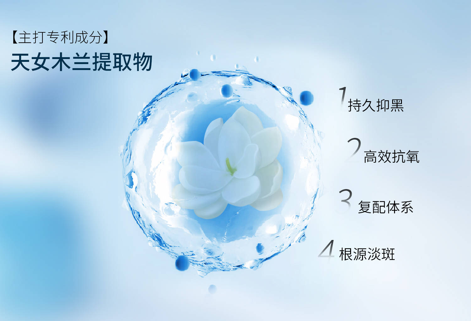 拿出自己的专利成分天女木兰提取物,作为天然的植物美白抗氧化成分
