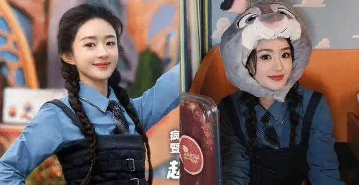 在这组照片中,赵丽颖身着警服,头戴兔耳帽,手持手枪,表情严肃而认真.