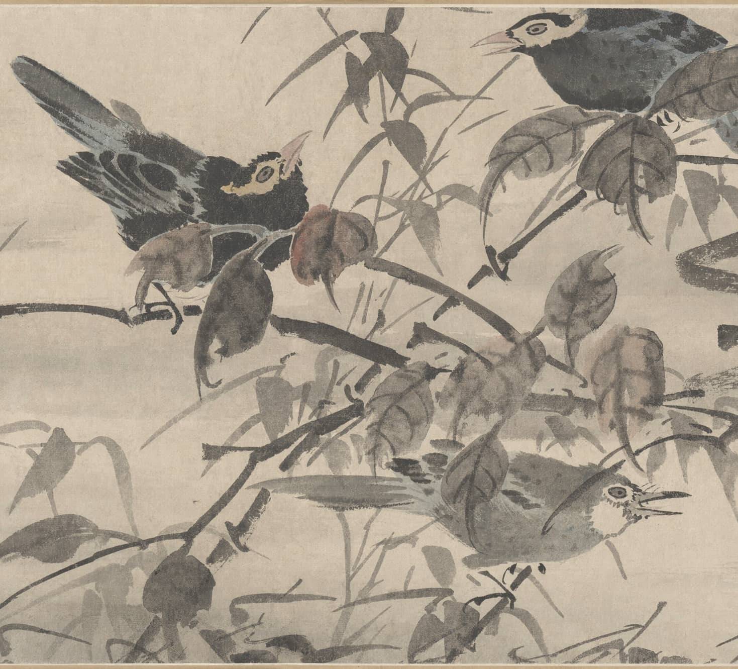 『历朝名绘』林良《灌木集禽图》全卷,精品巨制,景象万千_写意_花鸟画