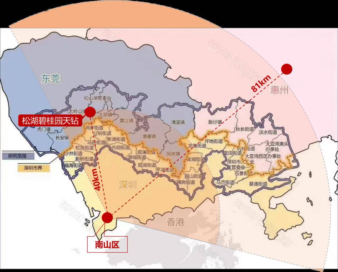 過渡地帶, 但經濟總量卻不及東莞市的1/2區位圖 以深圳南