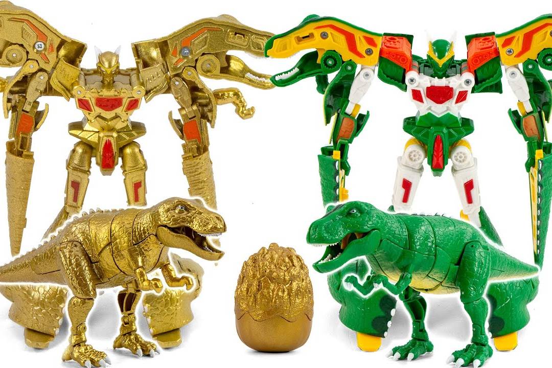 酷两种颜色的变形恐龙机甲战士黄金霸王龙变身吧