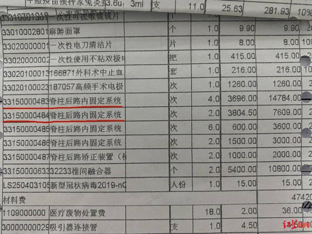 一位患者費用清單顯示,長尾型椎弓根螺釘單價分別為3696元和3804.