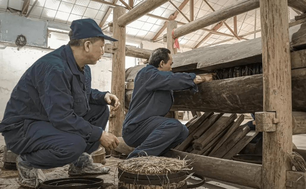 上圈装榨木槽打榨(用20到50公斤的木棒撞击楔子,边撞边加木楔)出油(菜