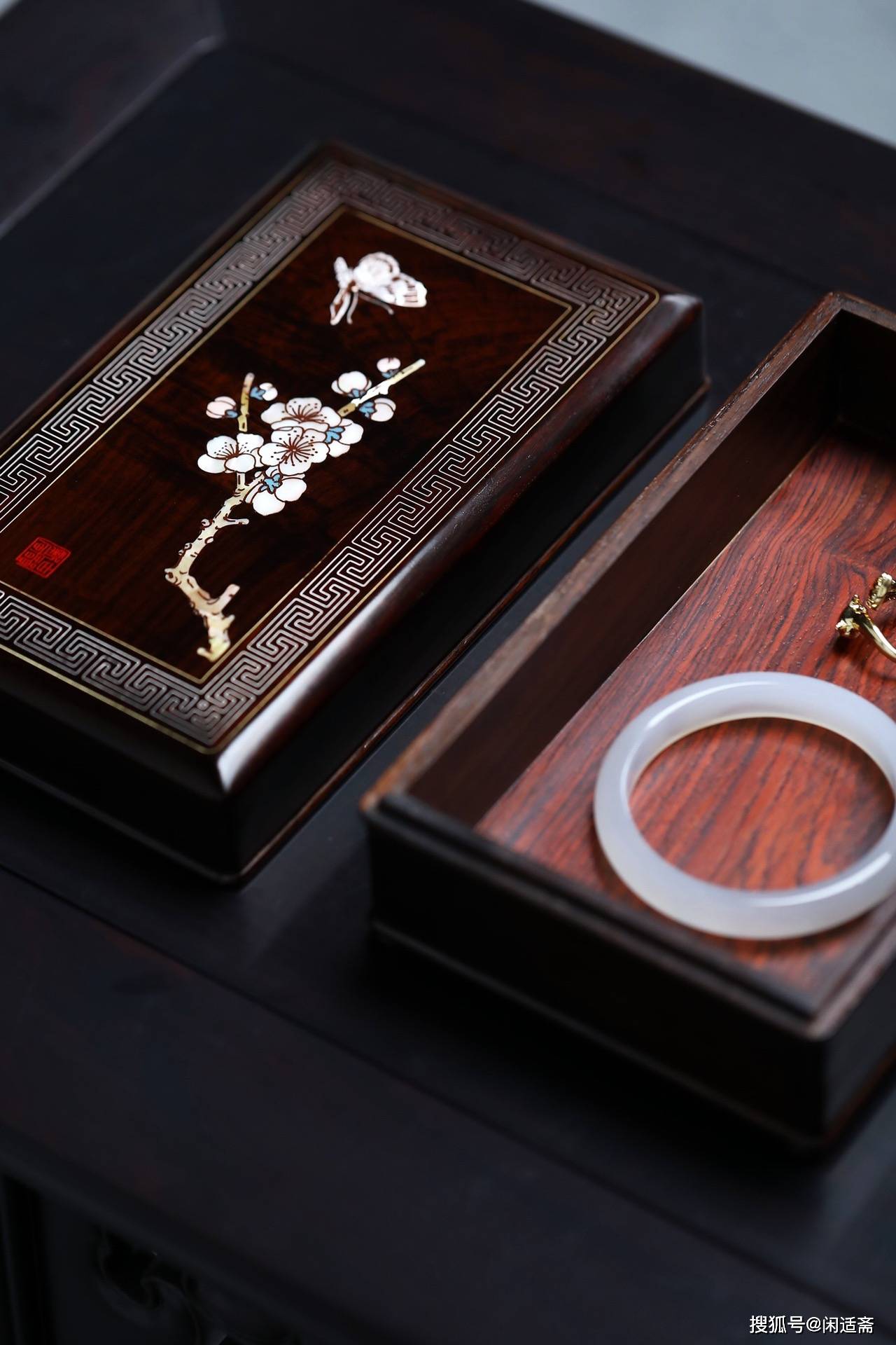 原创文人雅玩大红酸枝镶嵌银丝螺钿盖盒