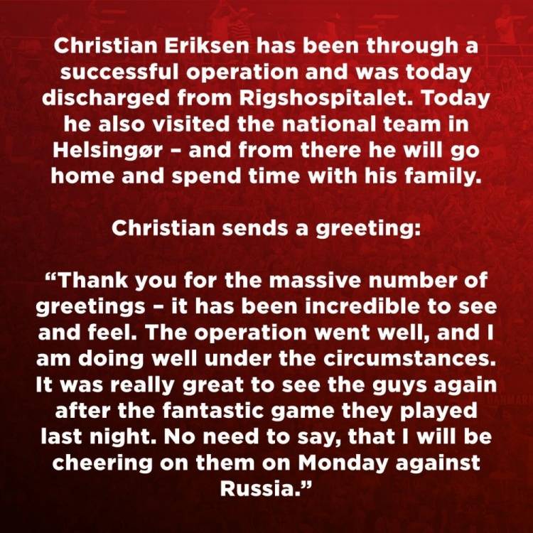 丹麦国家队官方：埃里克森已出院 回到家中陪伴家人_比赛
