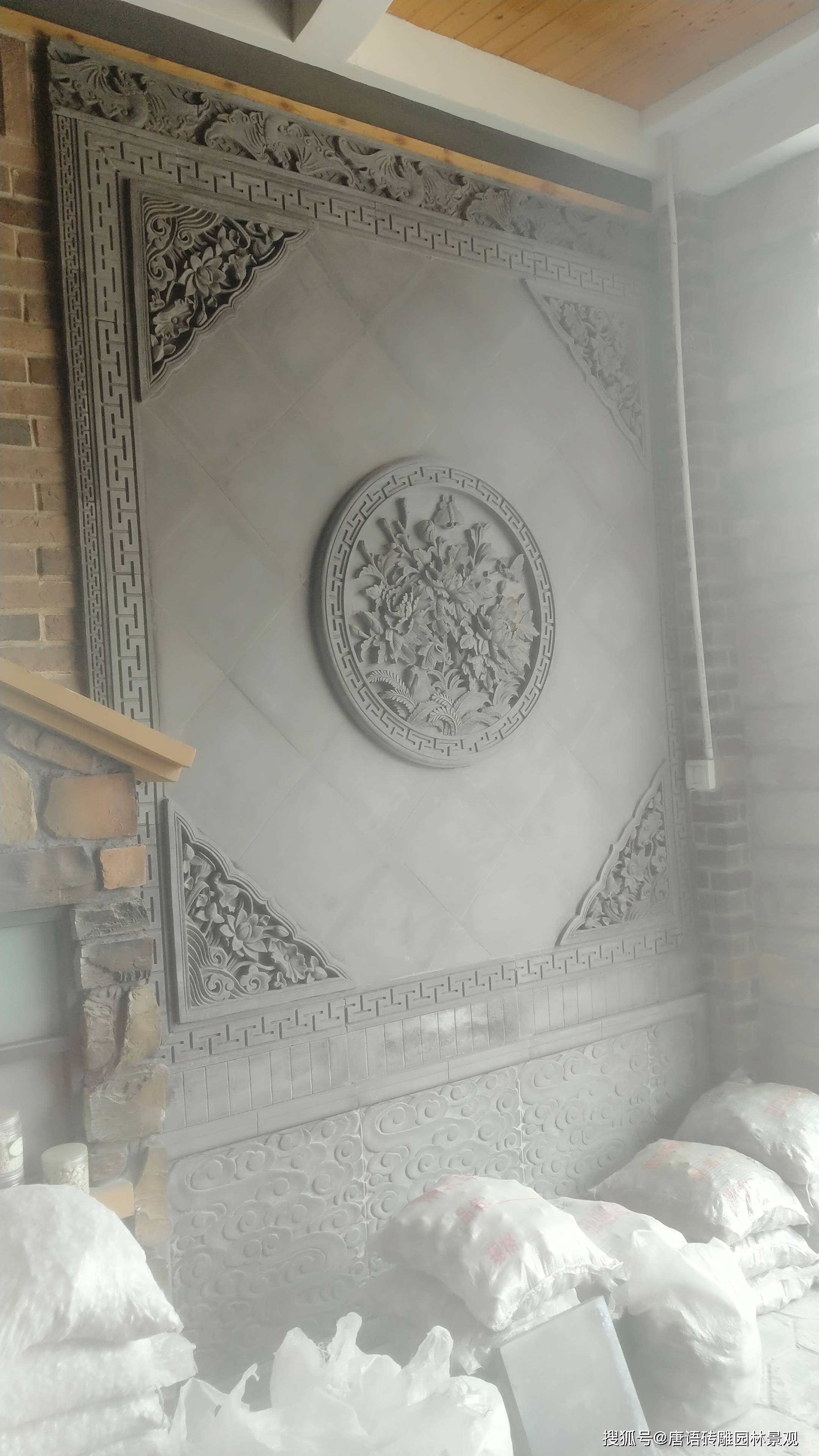 砖雕石雕富贵牡丹花浮雕壁画庭院墙中式石材壁画材料