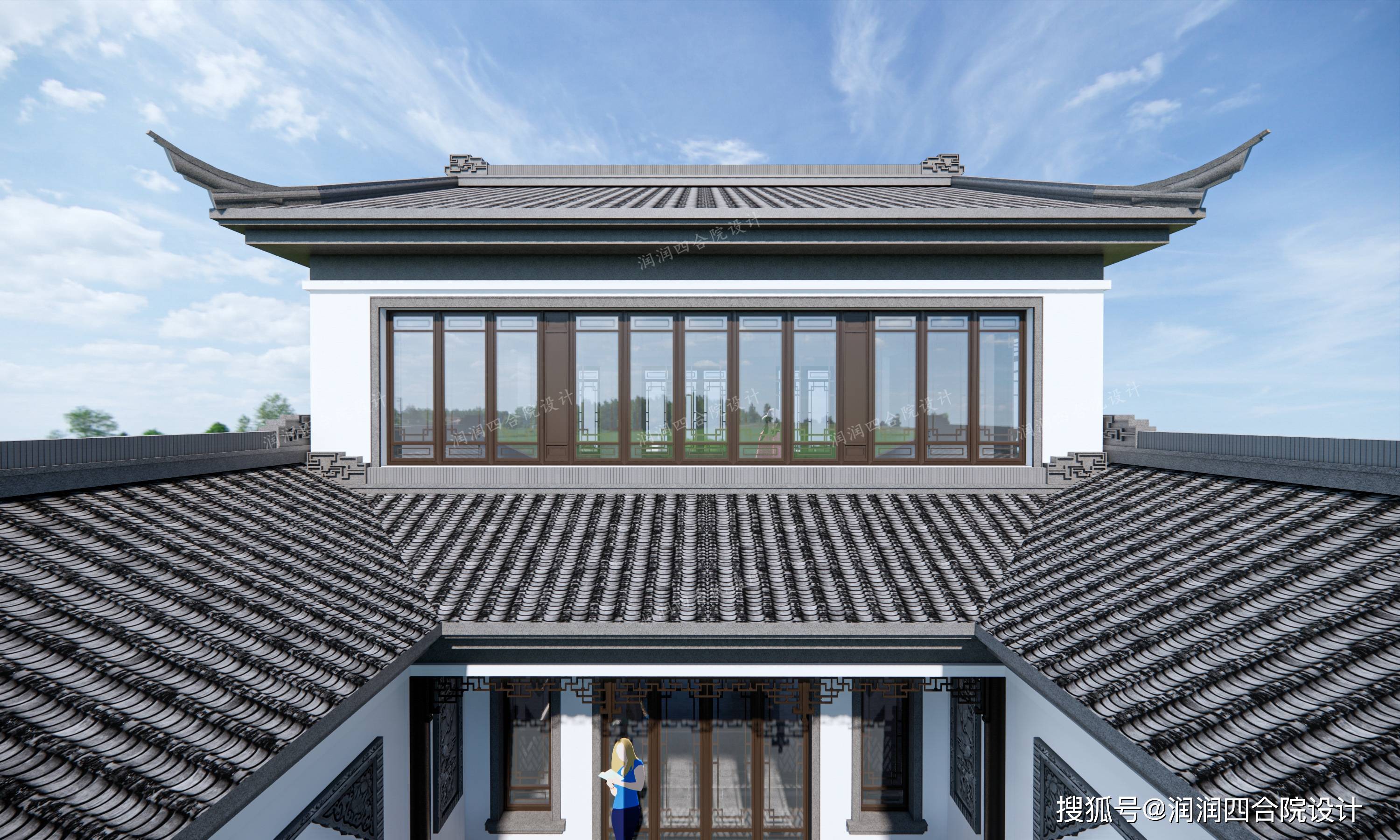 经典的白墙灰瓦配合歇山式屋顶,加