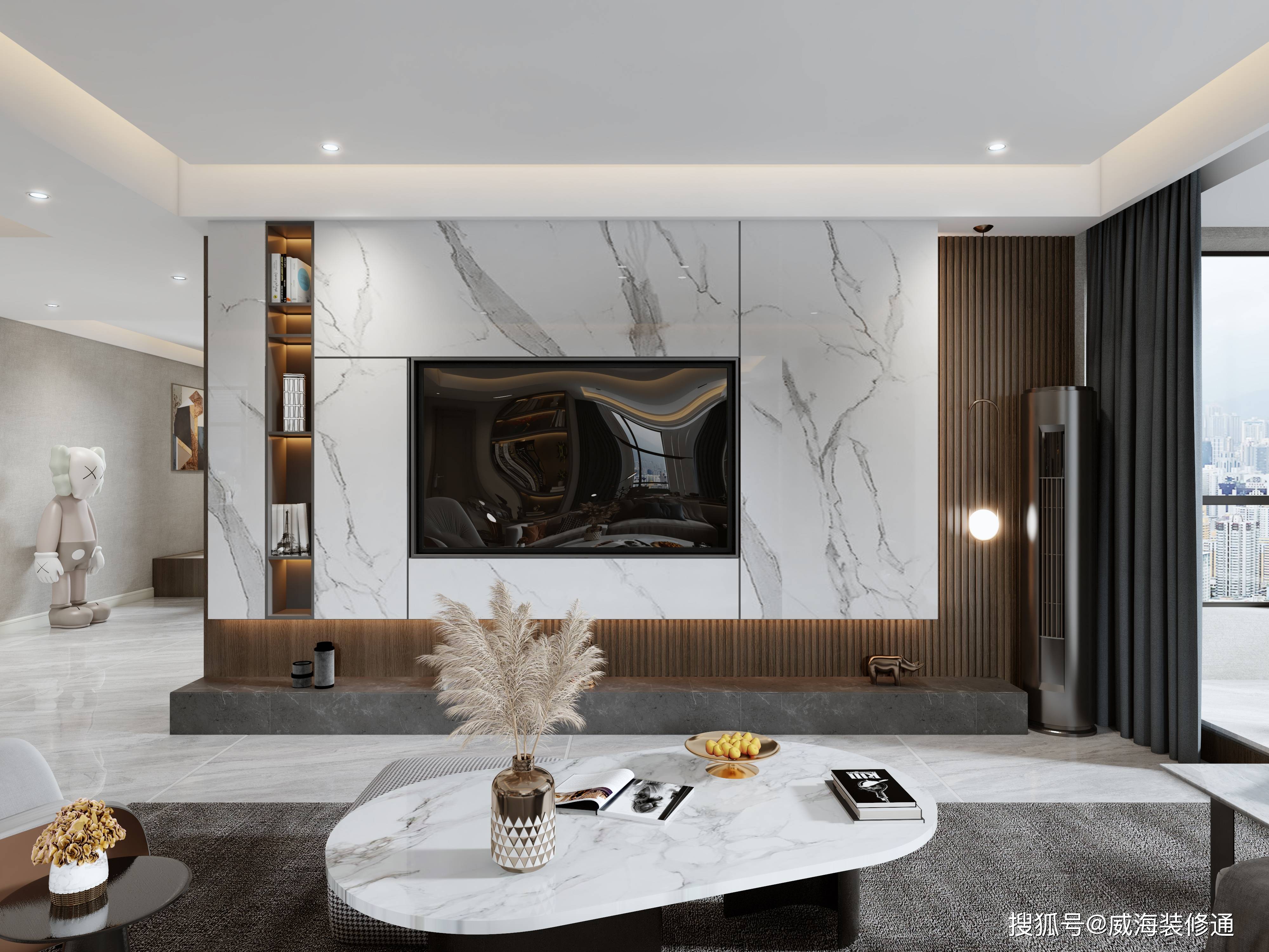 客厅全屋没有繁琐复杂的造型,而是融入了简约时尚的轻奢元素,通过材质