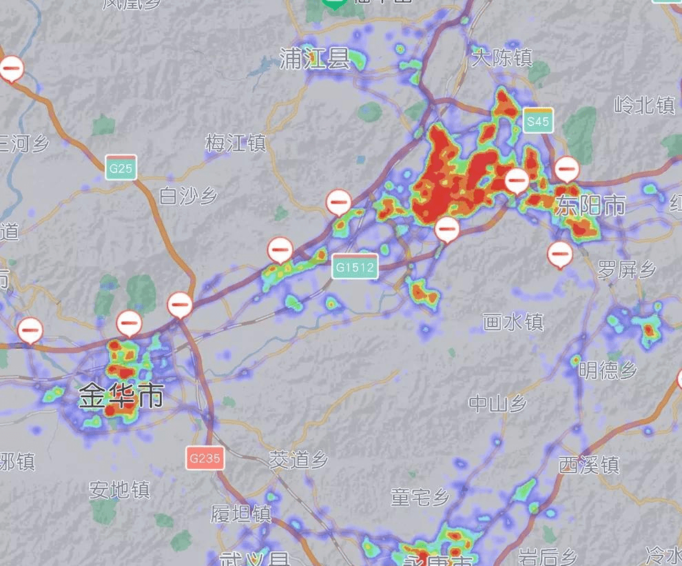 熱力圖看義烏以及金華市區義烏更像是市區金華更像是下轄縣市