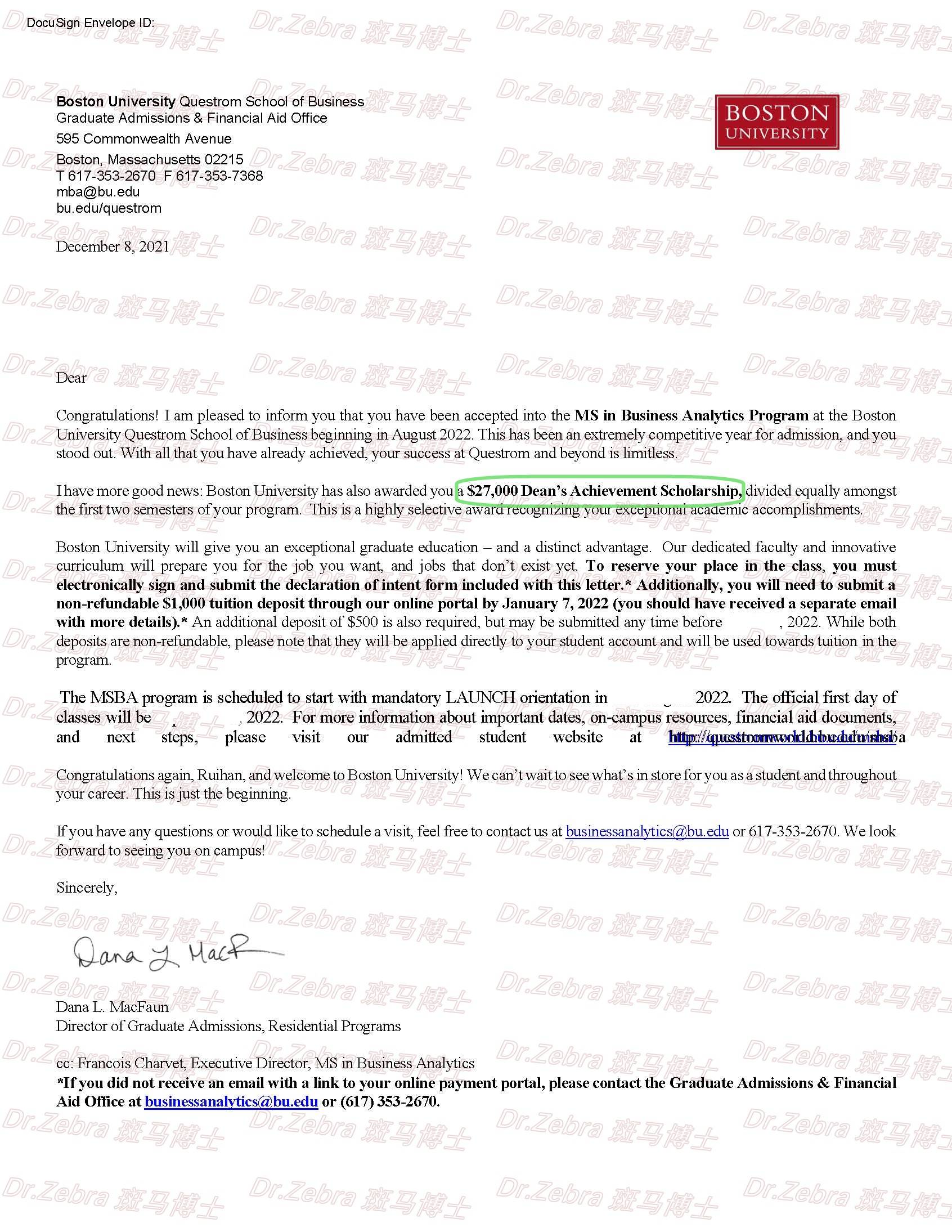 【offer展示】波士顿大学boston university (bu) ms in business