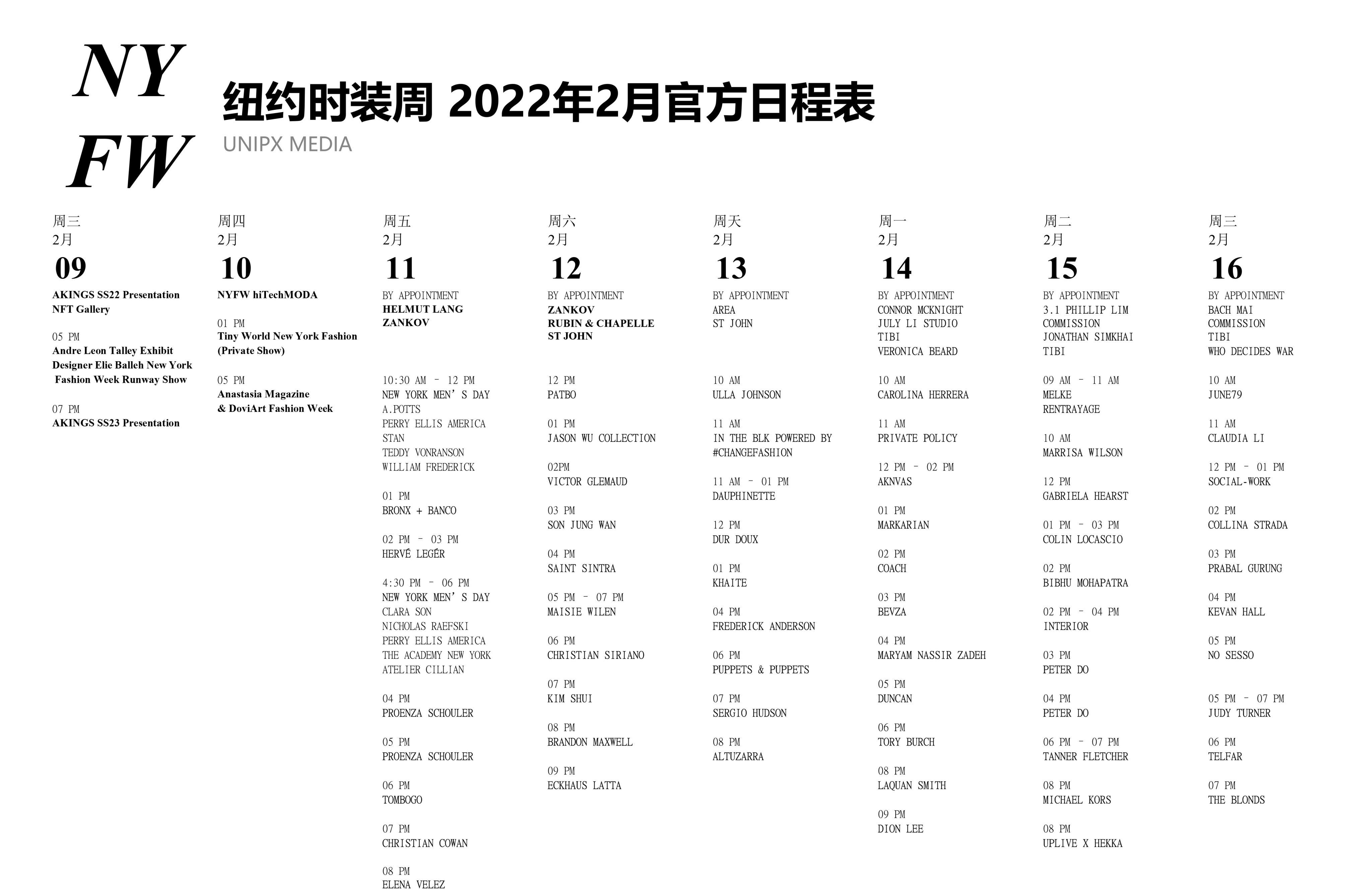 时装周2022年2月纽约时装周官方日程表来啦！