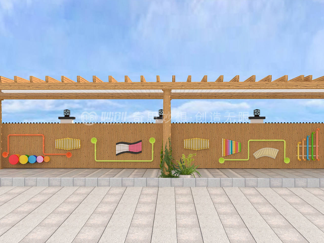 幼儿园环创妙创丨户外木制长廊功能性墙面