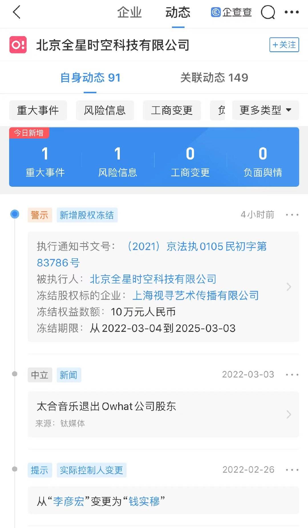 北京全星时空科技有限公司新增股权冻结